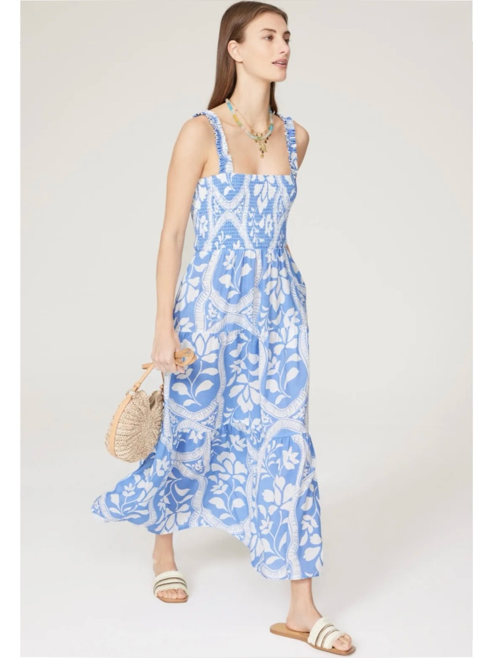 MARINE LAYER | Selene Smocked Maxi Dress in Blue Tile Floral, Size Small